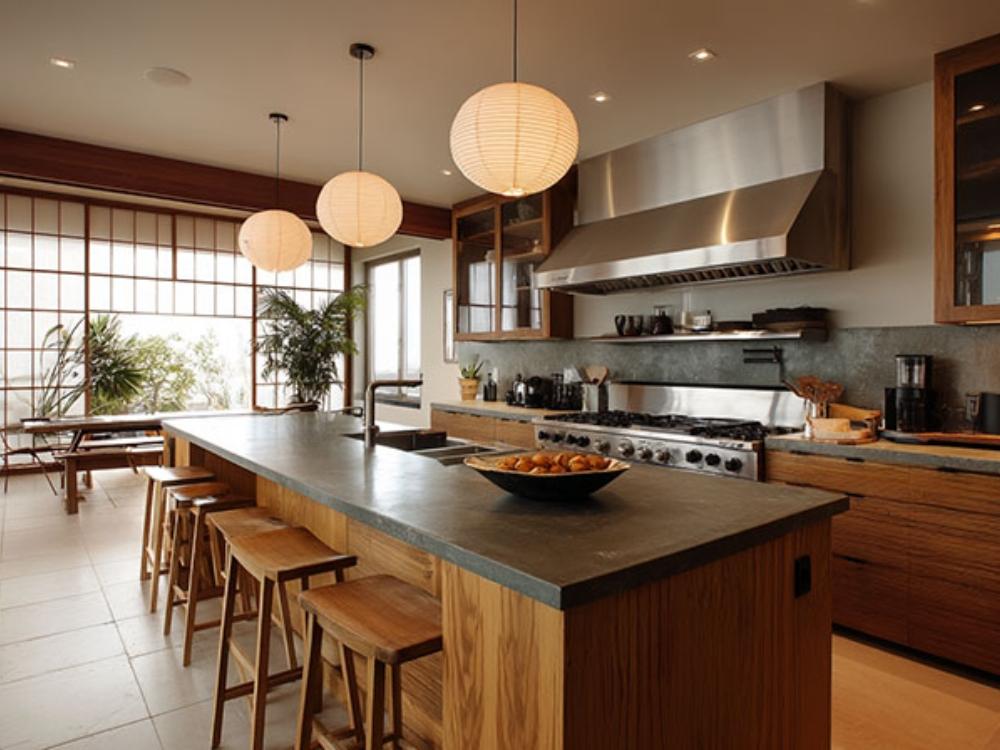 Phòng bếp phong cách Zen với vật liệu tự nhiên và các gam màu trung tính