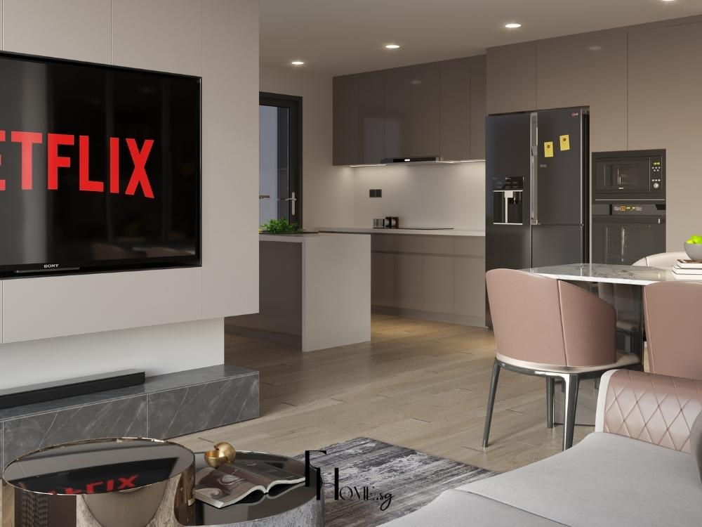 Phòng bếp phong cách hiện đại sử dụng gam màu trắng, xám, đen chủ đạ