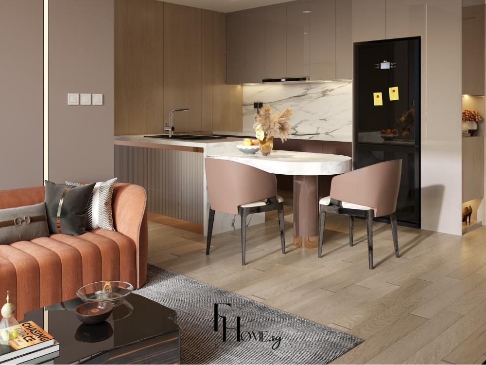 Phòng bếp phong cách hiện đại với hệ tủ lưu trữ âm tường và thiết kế modular giúp tối ưu diện tích và công năng sử dụng