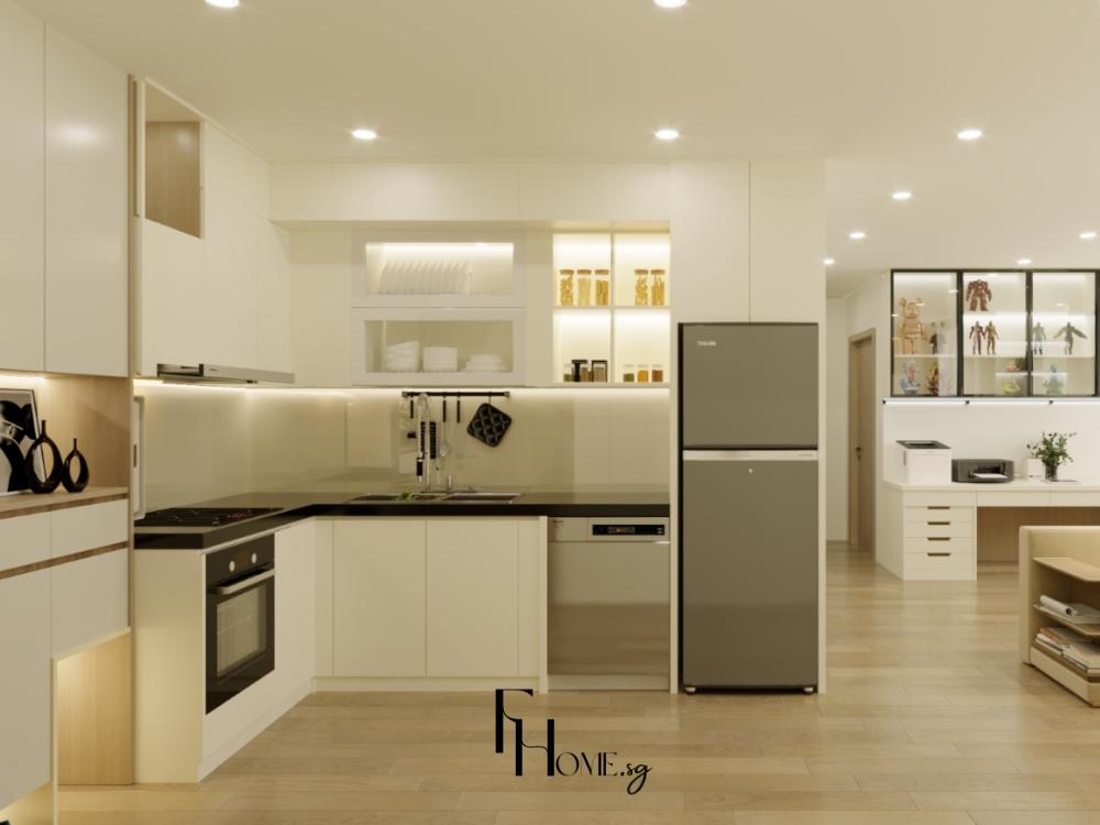 Phòng bếp phong cách hiện đại với tủ bếp phẳng màu trắng – xám, mặt bàn đá nhẵn, thiết bị âm tường bằng inox và đèn LED chiếu sáng tinh tế