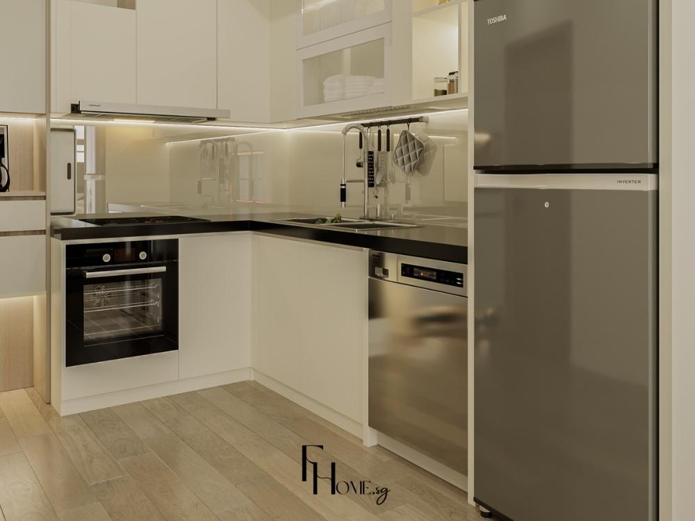 Phòng bếp phong cách hiện đại với vật liệu inox, kính và đá nhân tạo