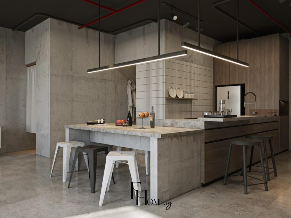 Phòng bếp phong cách mở trong căn hộ 65m², diện tích 12m², với tủ bếp chữ L, mặt đá sáng màu