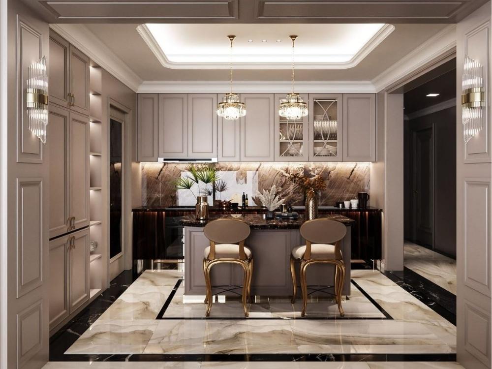 Phòng bếp phong cách tân cổ điển, thiết kế với đường nét uốn lượn và tông màu trắng