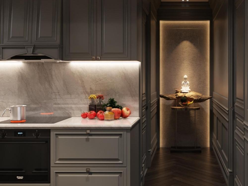 Phòng bếp phong cách tân cổ điển vơi tủ bếp gỗ màu xám sang trọng 