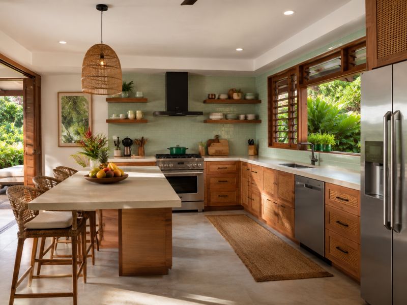 Phòng bếp phong cách thiết kế nội thất Tropical với tủ gỗ, kệ mở, đèn mây tre, bàn đảo dài và cửa sổ lớn đón sáng