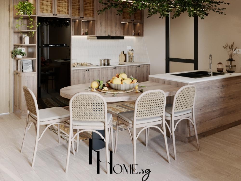 Phòng bếp bố trí hợp phong thủy với bộ bàn ăn tông màu xám vàng trung tính