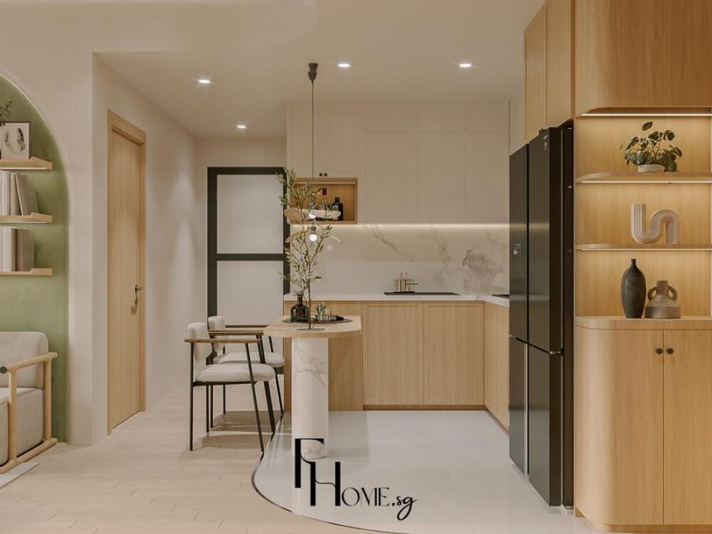 Phòng bếp thiết kế nội thất căn hộ chung cư 65m2 phong cách Wabi Sabi