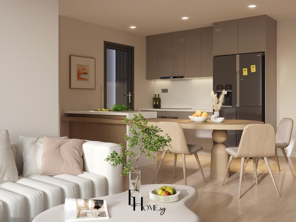 Phòng bếp tối giản gọn gàng, dễ vệ sinh, giúp tối ưu hiệu quả nấu nướng và lưu trữ thực phẩm