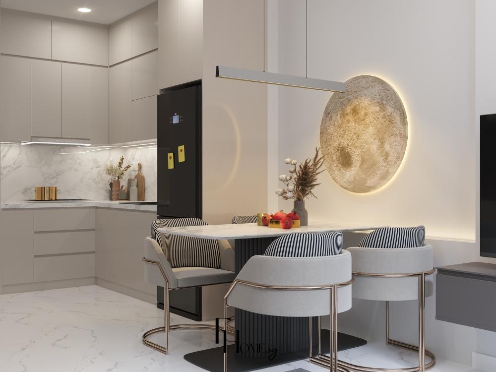 Phòng bếp tối giản không sử dụng nhiều vật trang trí, tập trung vào công năng và ánh sáng tự nhiên để tạo cảm giác rộng rãi