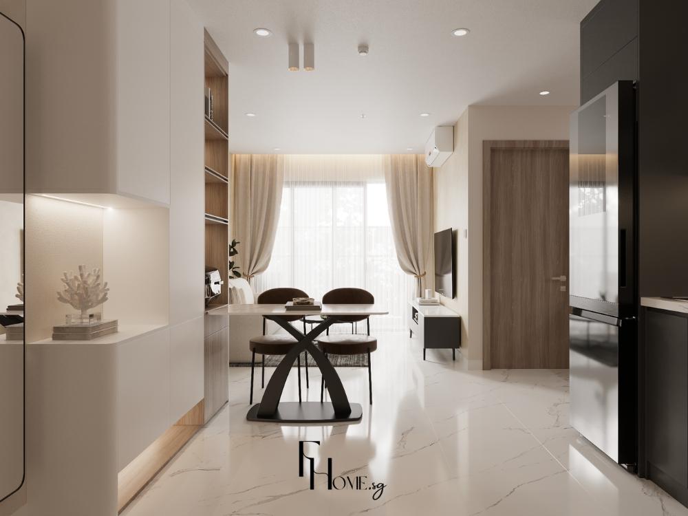 Phòng bếp tối giản sử dụng gam màu trung tính và bố cục gọn gàng để tối ưu công năng và thẩm mỹ