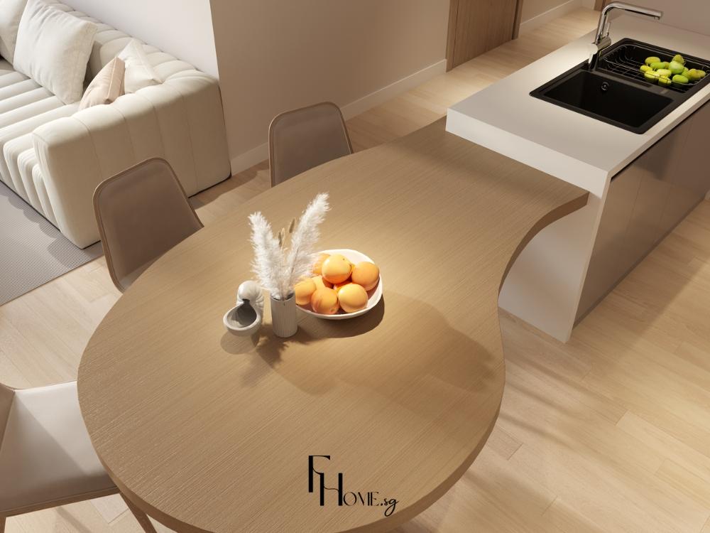 Phòng bếp tối giản với bàn đảo nối liền bàn ăn mang vẻ hiện đại, sang trọng