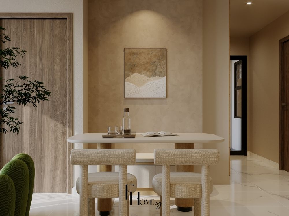 Phòng bếp và phòng ăn chung cư 80m2 với các kệ bếp gỗ tự nhiên và bàn ăn đơn giản