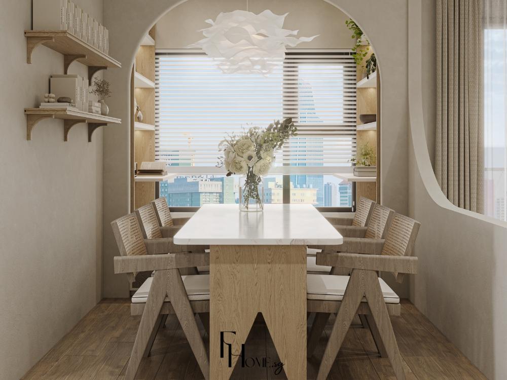 Phòng bếp với bộ bàn ăn gỗ sồi mang lại cảm giác ấm cúng và gần gũi với thiên nhiên