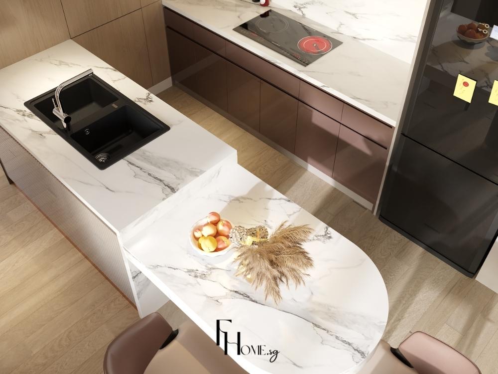 Phòng bếp với đảo bếp bằng sứ trắng sạch sẽ 