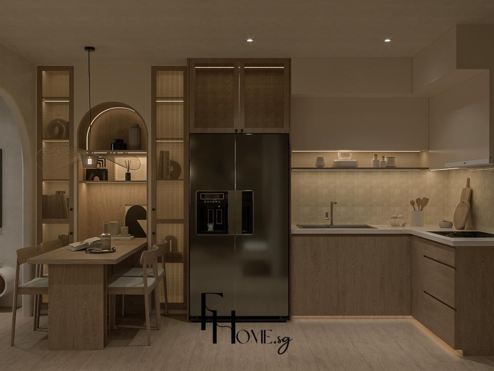 Phòng bếp với hệ thống đèn âm trần và đèn LED dưới tủ, tạo ánh sáng đều và tôn lên chất liệu bề mặt