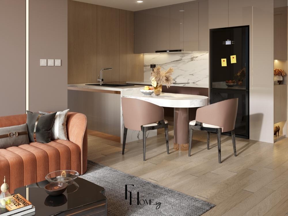 Phòng bếp với thiết kế liền kề phòng khách, gọn gàng và thông thoáng