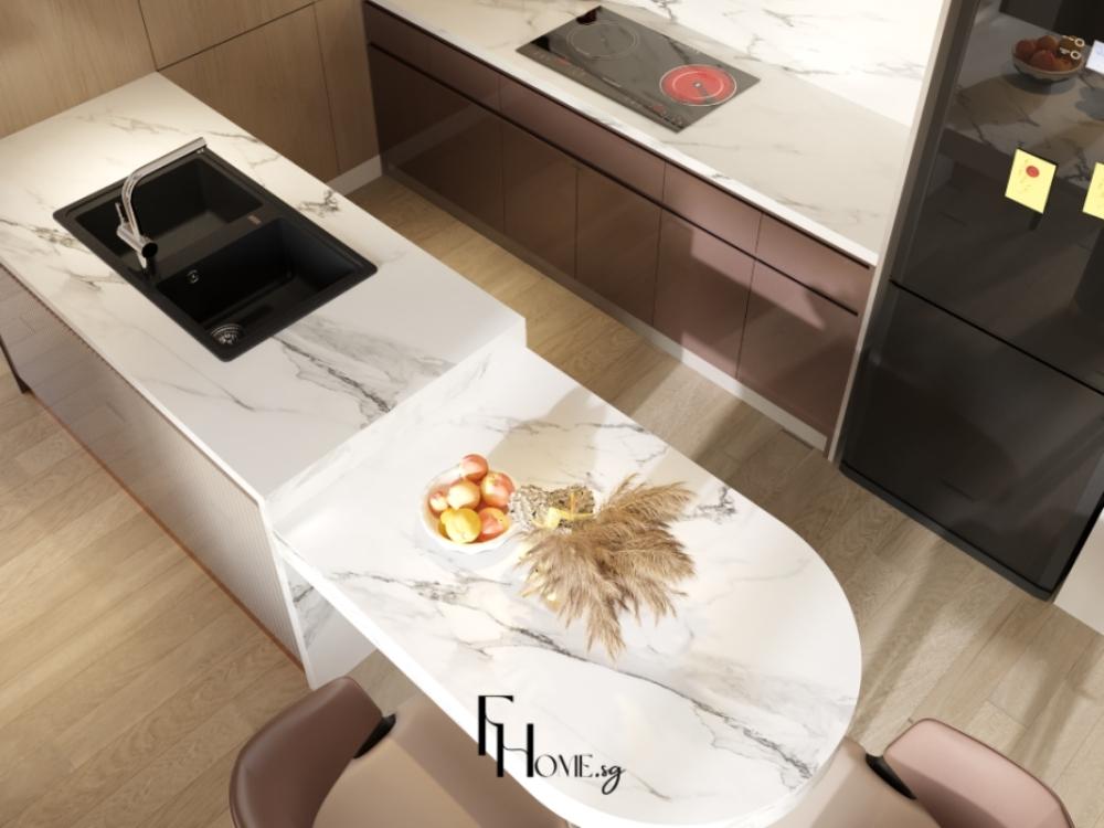 Phòng bếp với tủ bếp gỗ tự nhiên, mặt đá nhân tạo và bếp từ hiện đại tạo không gian sang trọng và tiện nghi