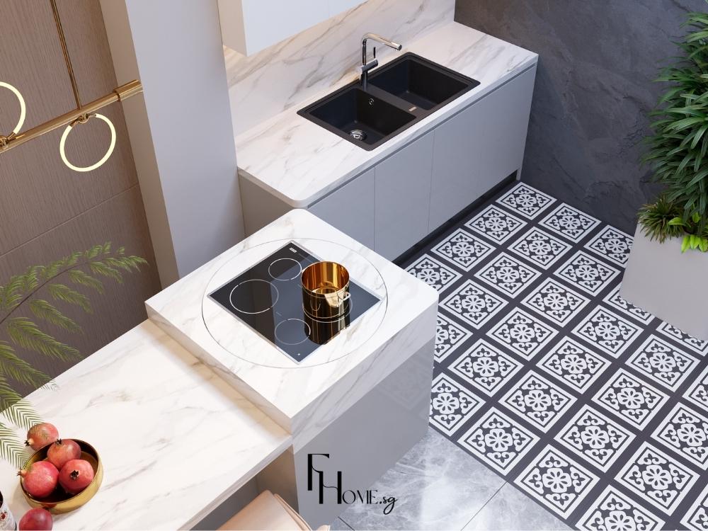 Phòng bếp với tủ bếp kịch trần, bố trí hợp lý theo "tam giác vàng" và ánh sáng trắng từ đèn LED