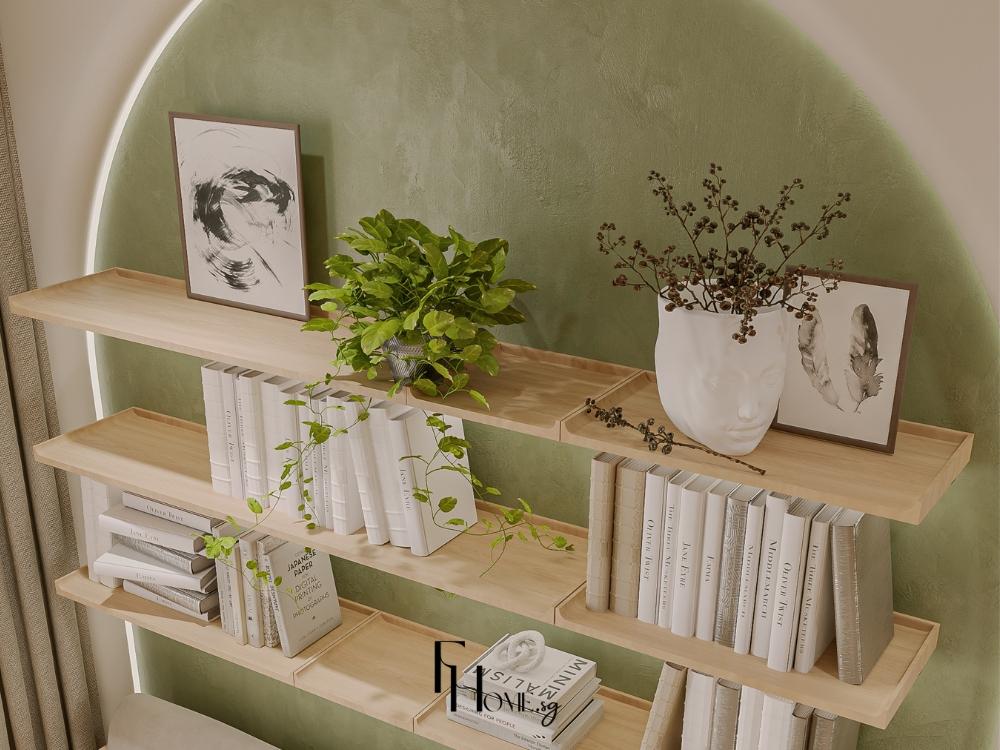 Phong cách Tropical với kệ sách gỗ tông màu xanh lá chủ đạo
