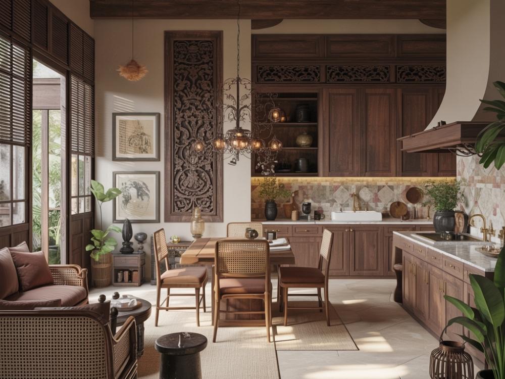Phòng khách phong cách Đông Dương với bộ ban ghế mây tre đan chi tiết gạch bông tạo không gian ấm cúng và sang trọng