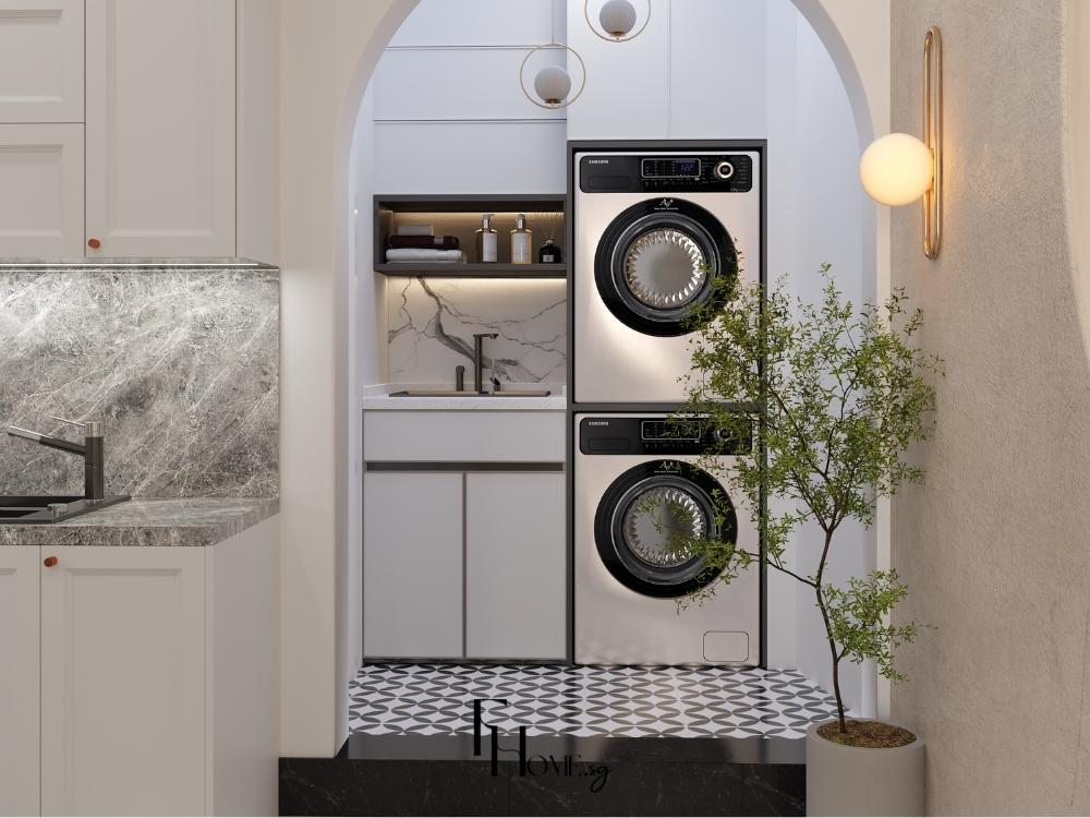 Phòng giặt đồ nhà phố phong cách Wabi Sabi được thiết kế với 1 góc nhỏ