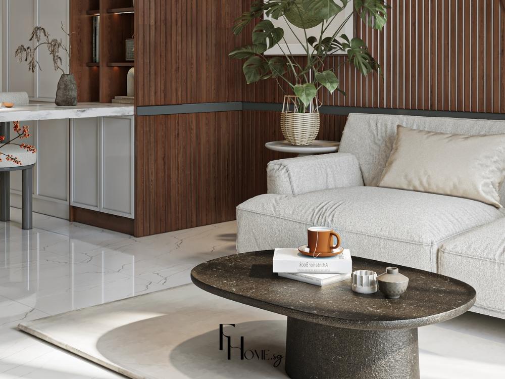 Phòng khách 40m² nhỏ gọn, màu sắc tươi sáng và được bố trí sát tường để giải phóng không gian trung tâm