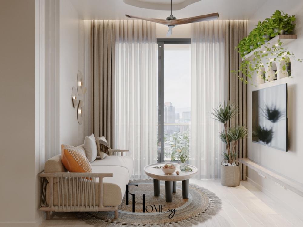 Phòng khách phong cách Bohemian với sofa màu trắng, thảm thổ cẩm và đèn treo nghệ thuật