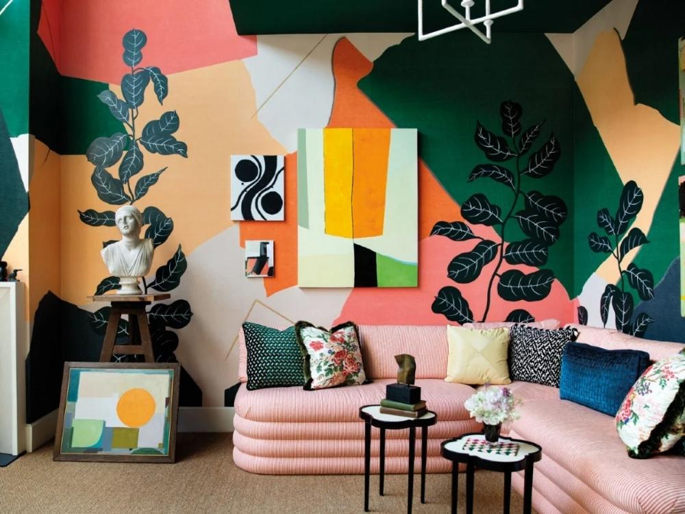 Phòng khách Dopamine sử dụng gam màu nổi bật và tương phản mạnh, mang lại cảm giác hứng khởi