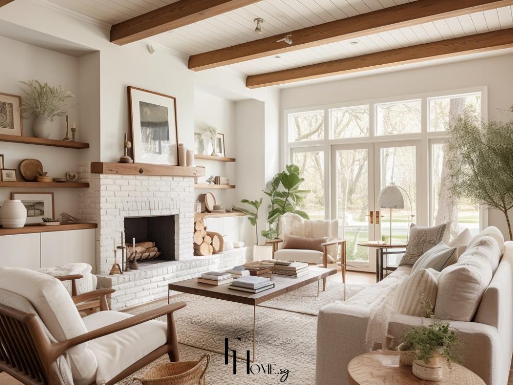 Phòng khách Farmhouse sử dụng sofa vải lanh, bàn trà gỗ thô và thảm len tự nhiên làm điểm nhấn chính