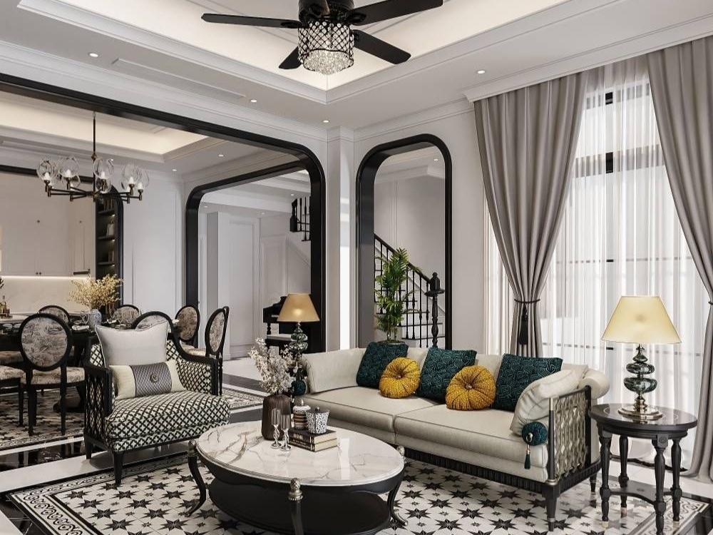 Phòng khách Indochine với màu vàng kem, nâu gỗ, sofa vải, bàn trà gỗ tự nhiên