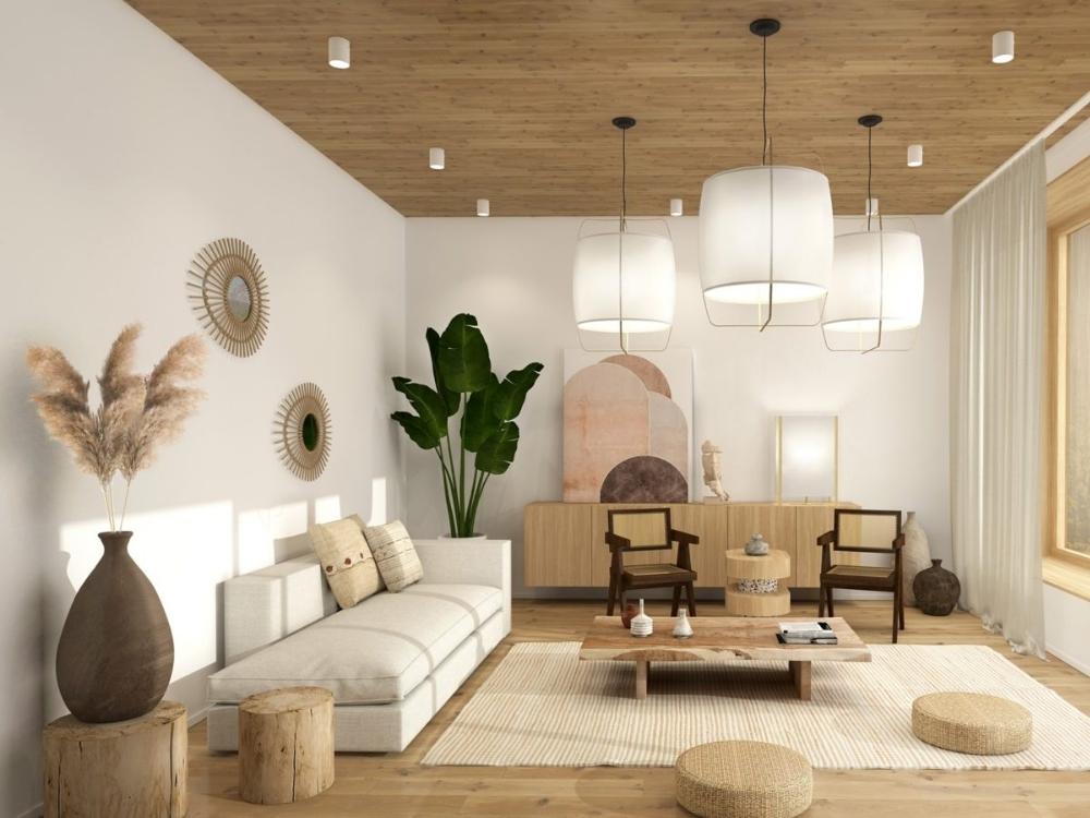 Phòng khách Japandi với tông gỗ sáng và gam màu trung tính, mang đến không gian tiếp khách chan hòa thiên nhiên.