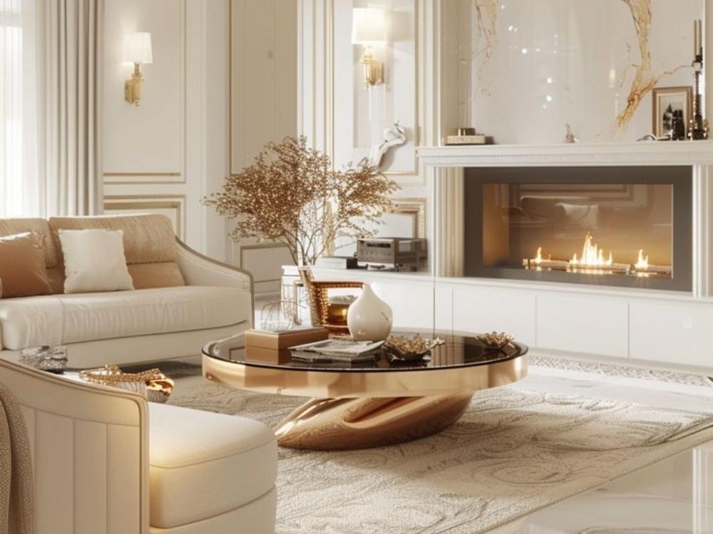 Phòng khách Luxury với đá cẩm thạch và kim loại mạ vàng, trở thành không gian tiếp khách xa hoa