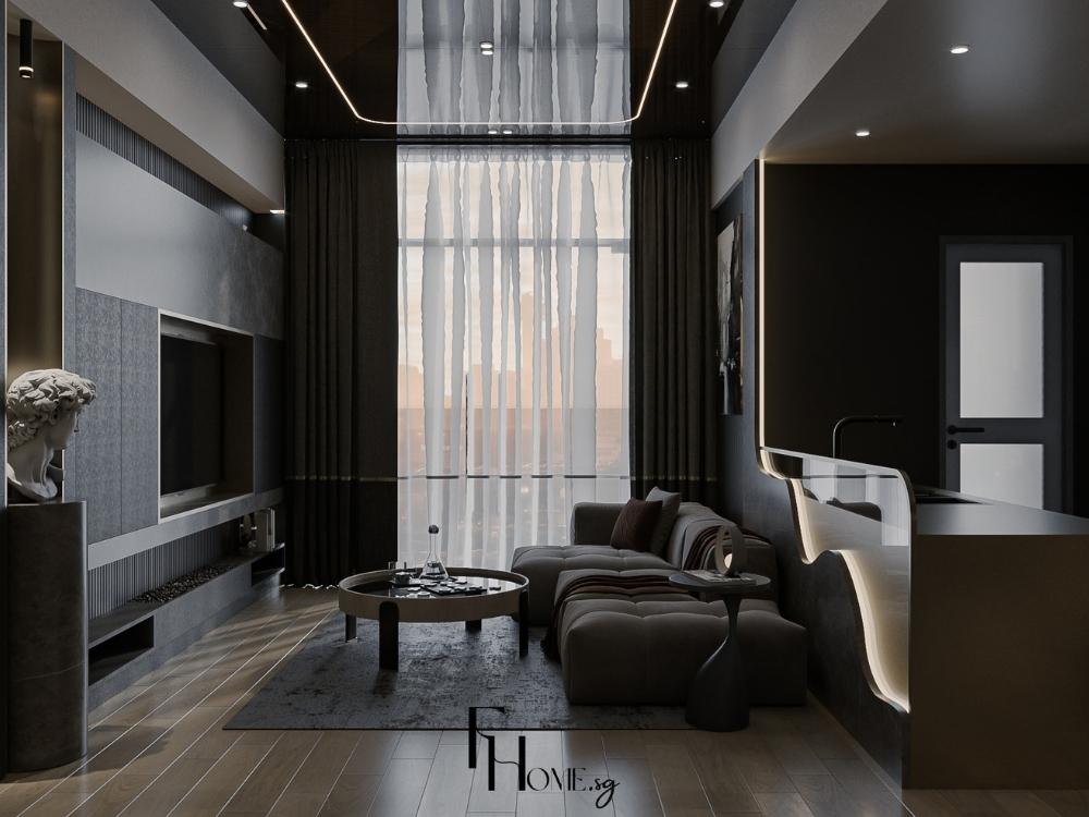 Phòng khách Luxury với màu vàng kim, trắng, đen, sofa da cao cấp, bàn trà đá cẩm thạch