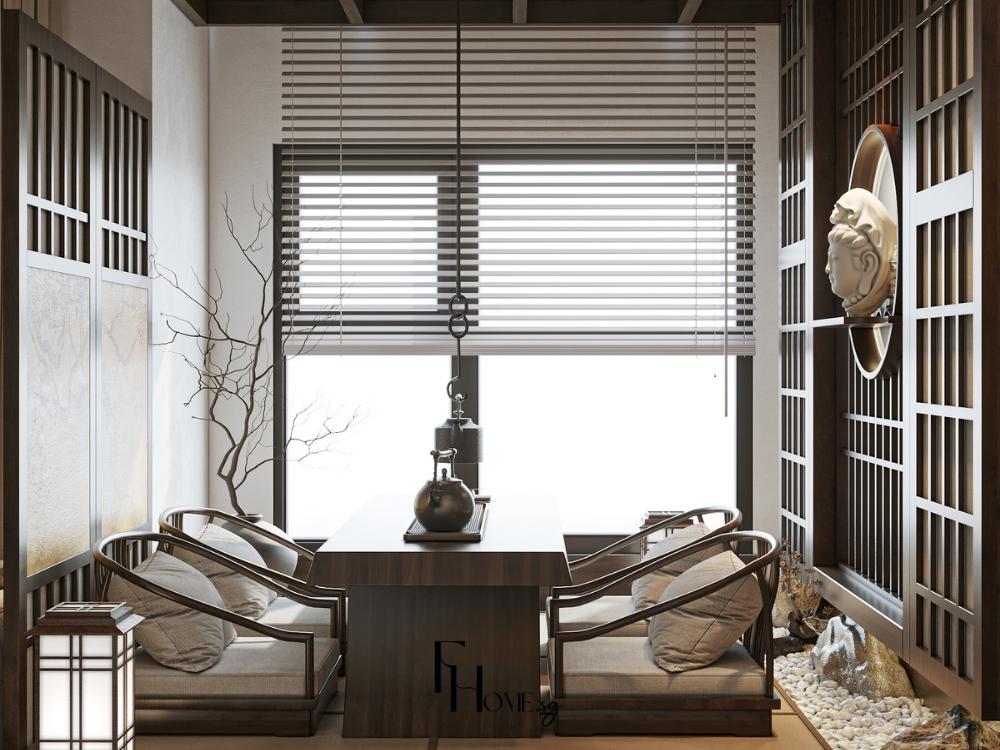 Phòng khách Nhật Bản, bàn trà Chabudai gỗ tự nhiên, đệm Zabuton, không gian ấm cúng, thân mật