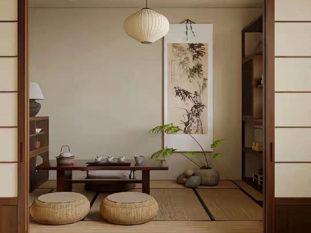 Phòng khách Nhật Bản hiện đại kết hợp chiếu Tatami, gối họa tiết Nhật và vài món decor tinh tế, giữ trọn tinh thần giản dị