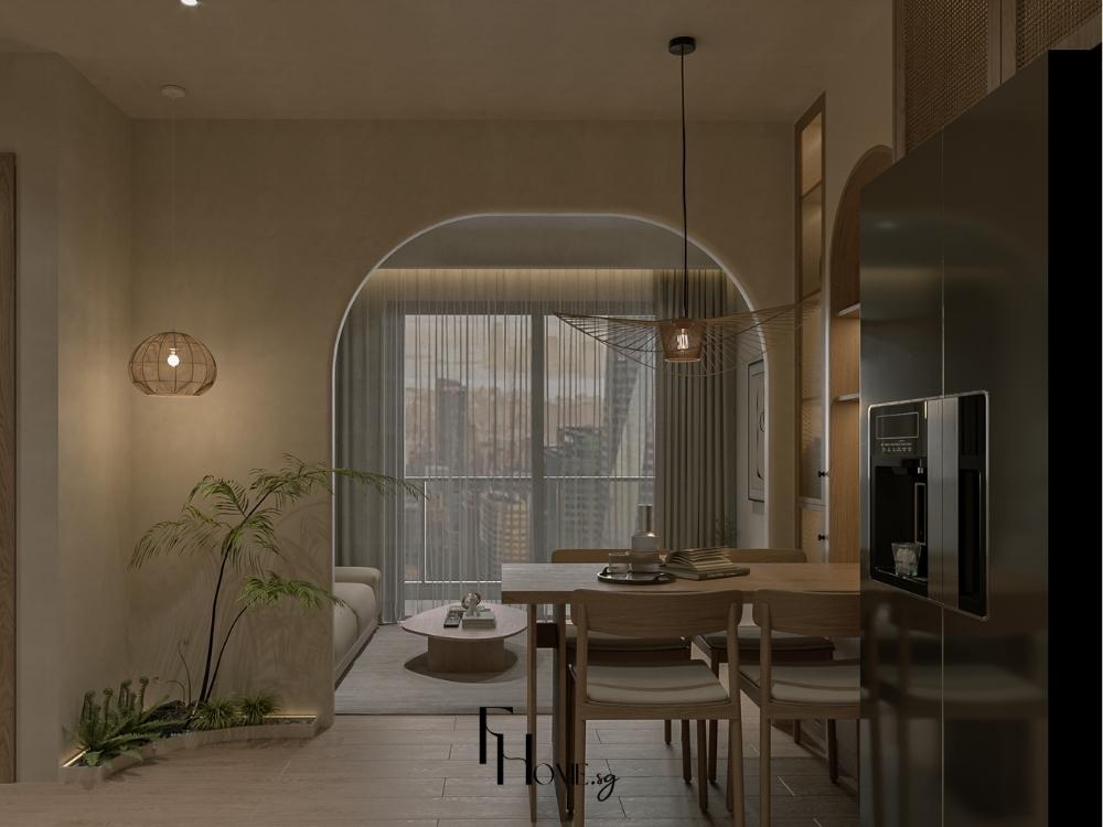 Phòng khách Nhật Bản màu nâu trầm, sử dụng gỗ óc chó mang lại cảm giác ấm cúng và sang trọng