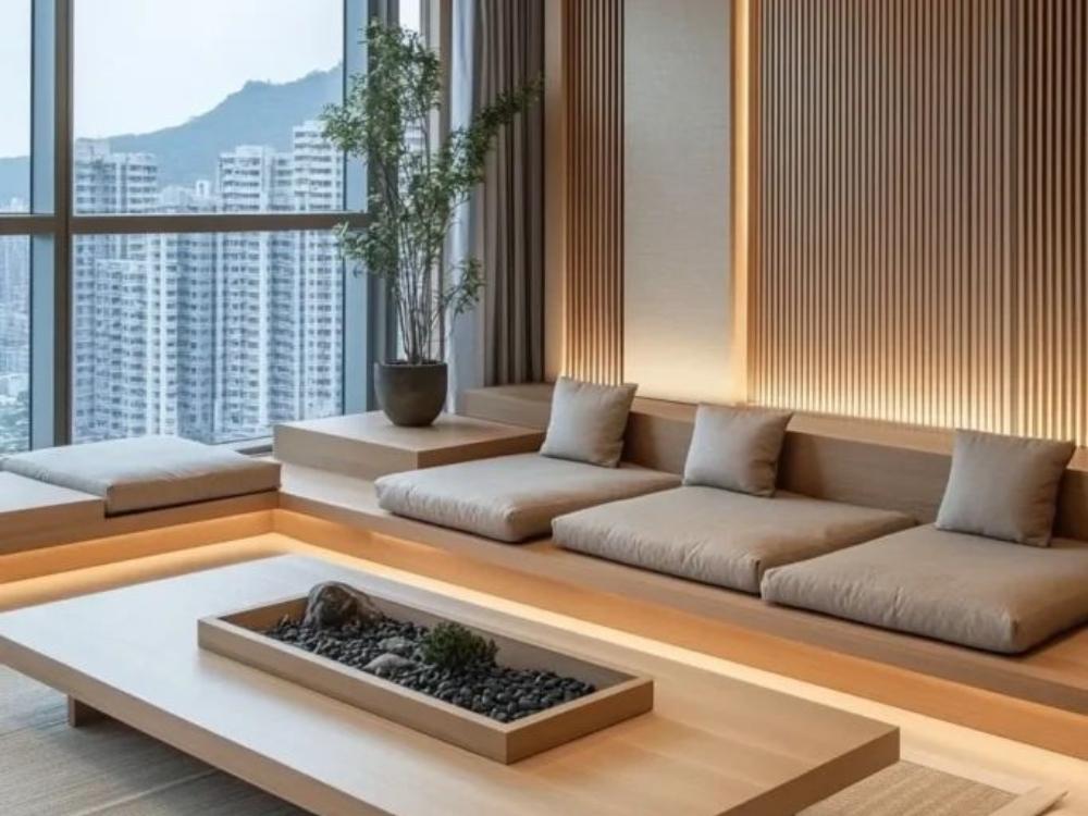 Phòng khách Nhật Bản thanh tịnh với bàn trà thấp và tông màu nâu gỗ – trắng ngà, mang lại cảm giác cân bằng và ấm cúng.