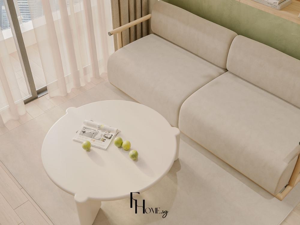 Phòng khách Nhật Bản tông trắng chủ đạo, kết hợp sofa vải trắng và bàn trà gỗ sơn trắng, tạo cảm giác tinh khôi và thoáng đãng