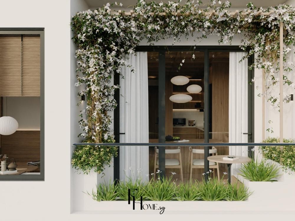 Phòng khách Nhật Bản với điểm nhấn cây xanh bố trí ở ban công, mang lại không gian tươi mát và thư thái