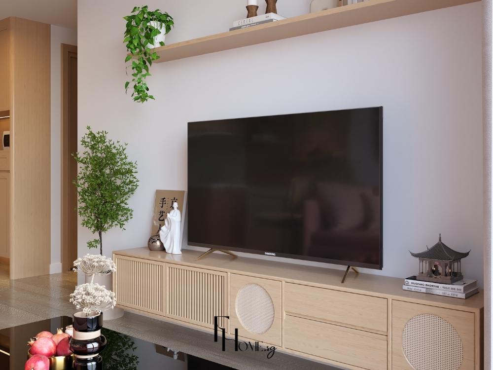 Phòng khách Nhật phong cách tối giản với kệ tivi gỗ sáng màu, thiết kế gọn gàng và đường nét thẳng, mang lại cảm giác thanh thoát