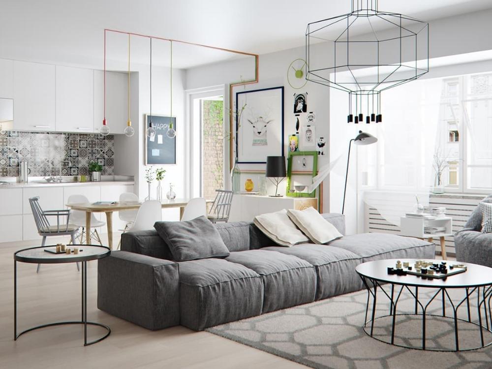 Phòng khách Scandinavian với gam trắng – xám nhạt và gỗ sáng màu, mang đến không gian thoáng đãng