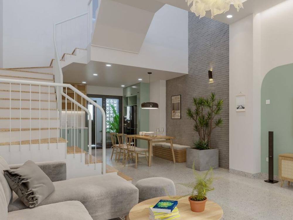 Phòng khách Scandinavian với màu trắng, xám nhạt và be, sofa vải tự nhiên, bàn trà gỗ sáng màu