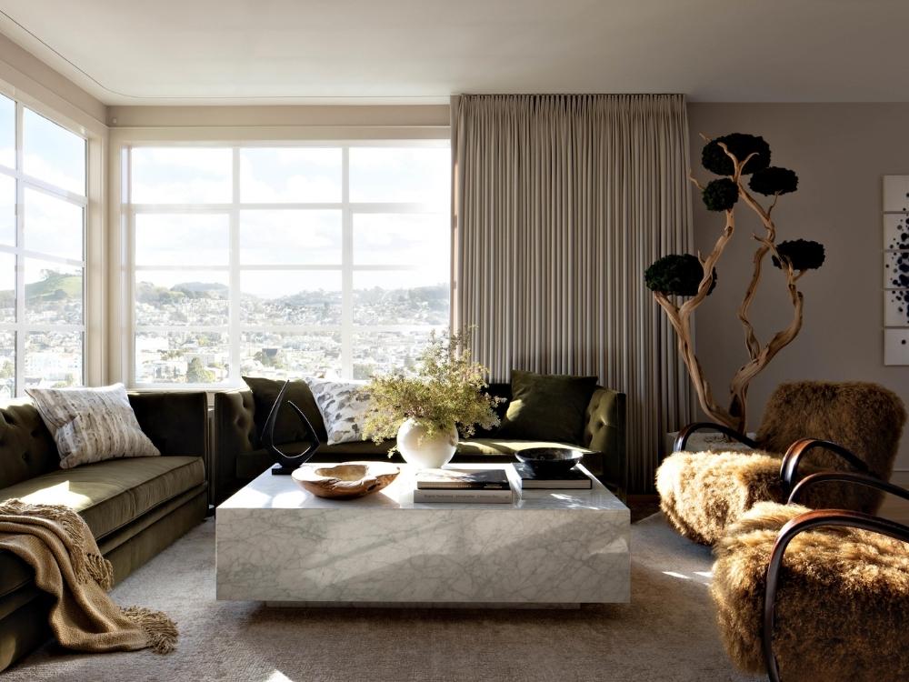 Phòng khách Streamlining nổi bật với bố cục uyển chuyển, vật liệu bóng bẩy, mang vẻ công nghệ cổ điển