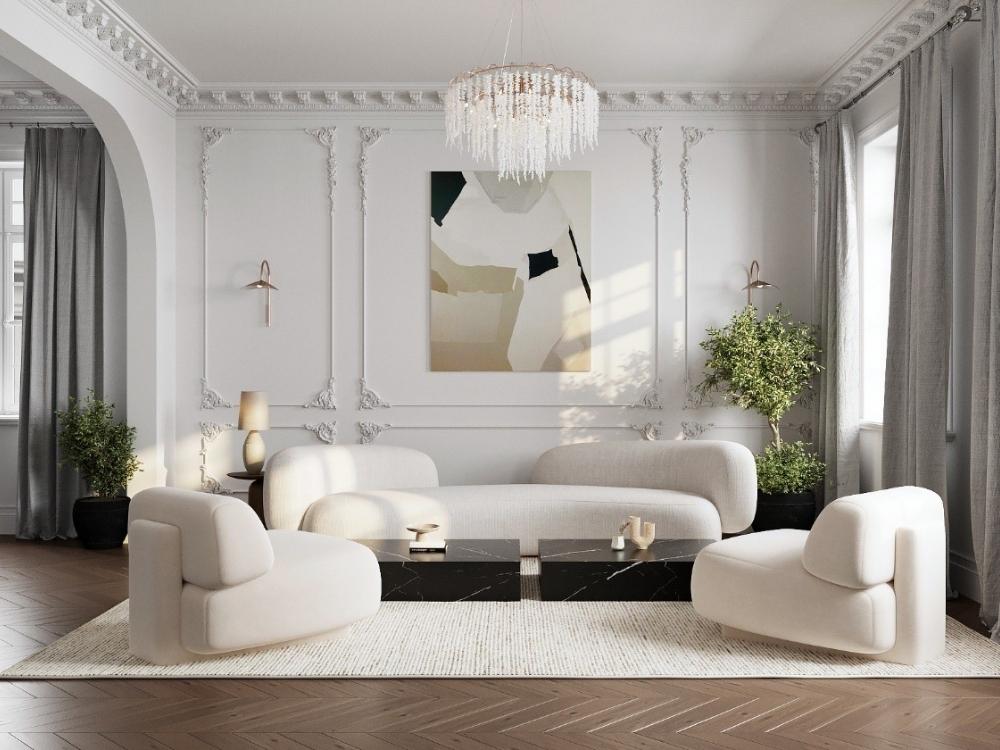 Phòng khách Tân cổ điển với phào chỉ tinh xảo, sofa da sang trọng và gam màu trắng – kem chủ đạo