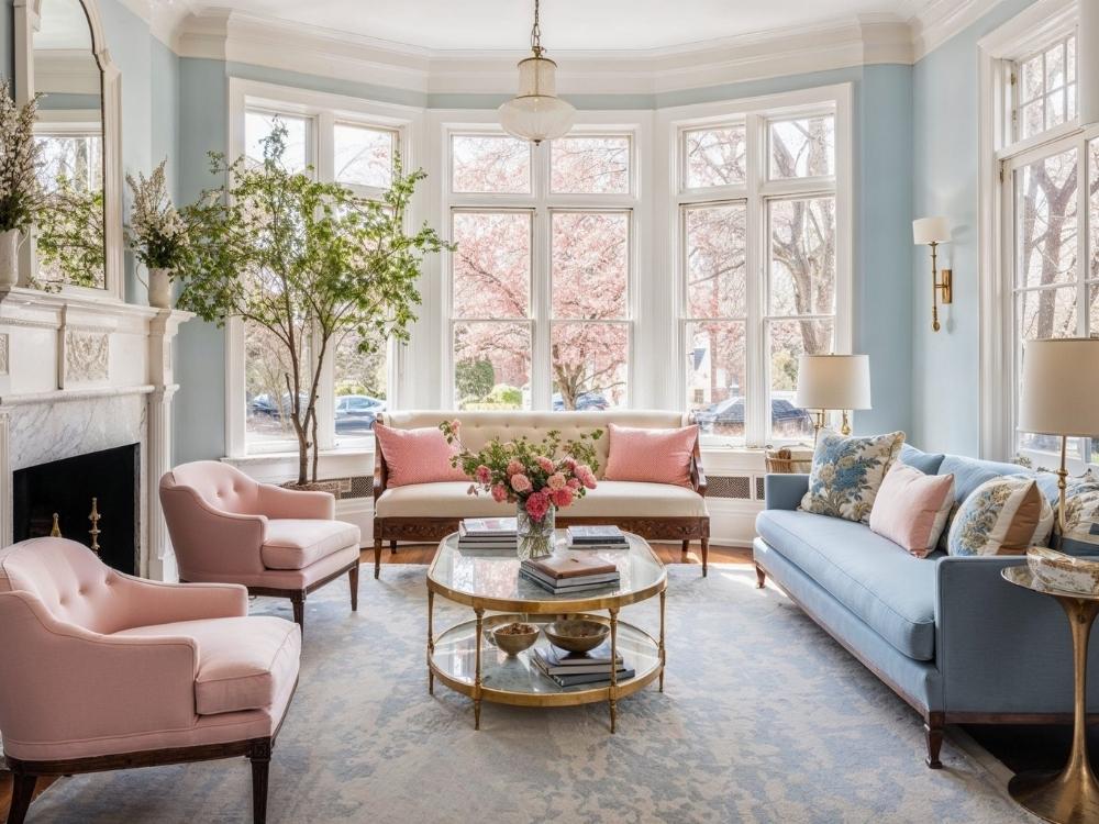 Phòng khách Transitional sử dụng tông màu trung tính và bố cục cân bằng, mang vẻ sang trọng, dễ chịu