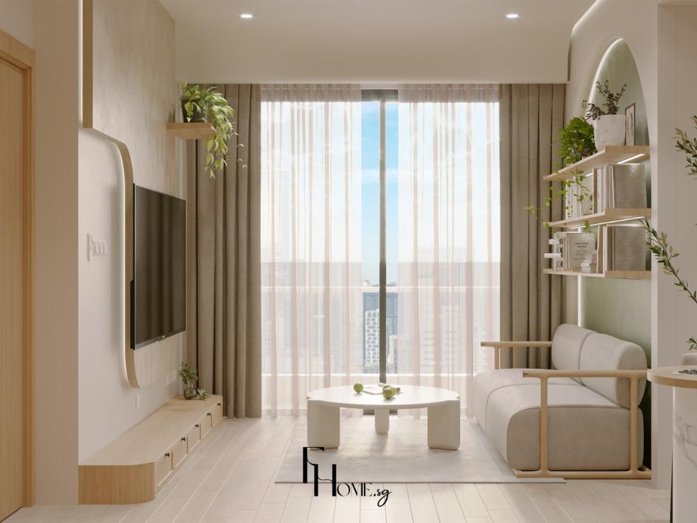 Phòng khách Tropical với cửa kính lớn đón ánh sáng tự nhiên