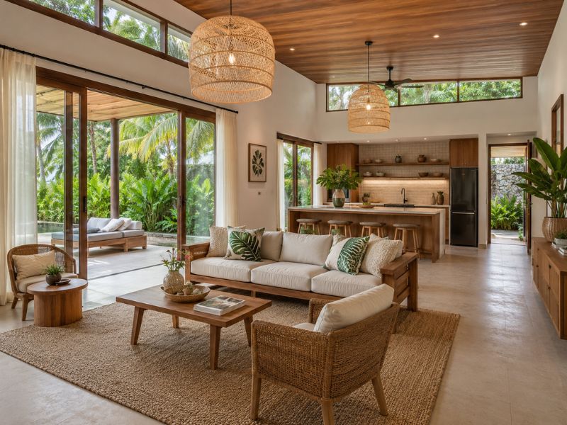 Phòng khách Tropical với cửa kính lớn, trần cao, ánh sáng tự nhiên, sofa trắng và nội thất mây tre