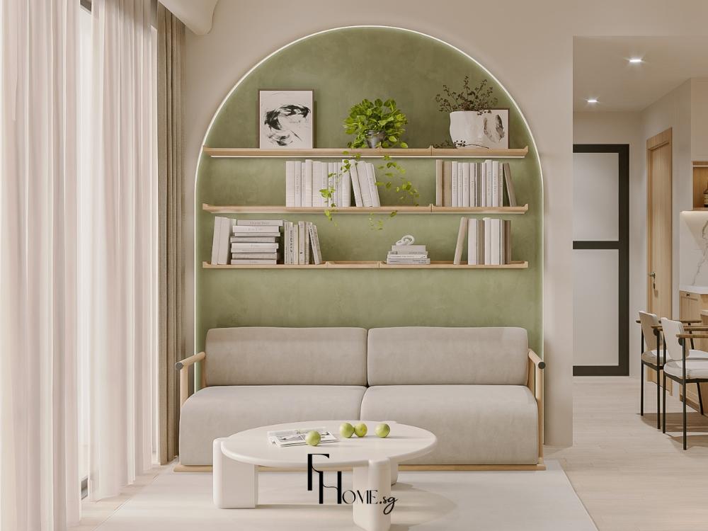 Phòng khách Tropical với sofa trắng nhạt và kệ sách âm tường