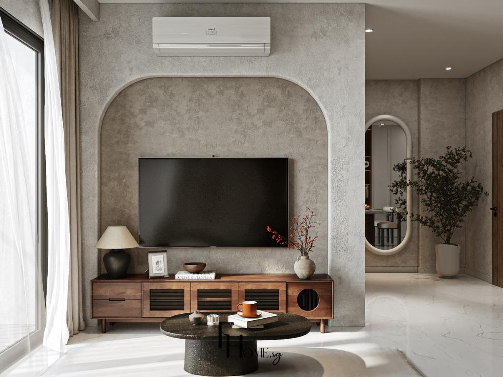 Phòng khách phong cách Wabi Sabi với tông màu trắng xám làm chủ đạo kết hợp tủ gỗ ấm cúm