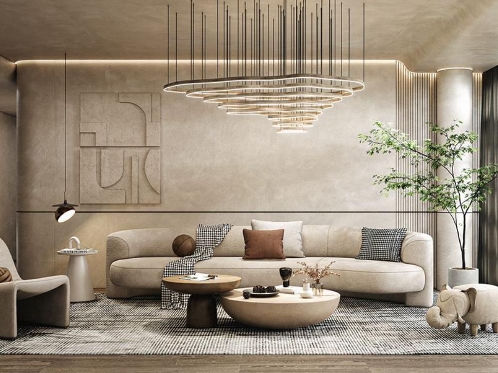 Phòng khách Wabi Sabi với gỗ, đá và gam màu đất mộc mạc, mang lại sự an yê